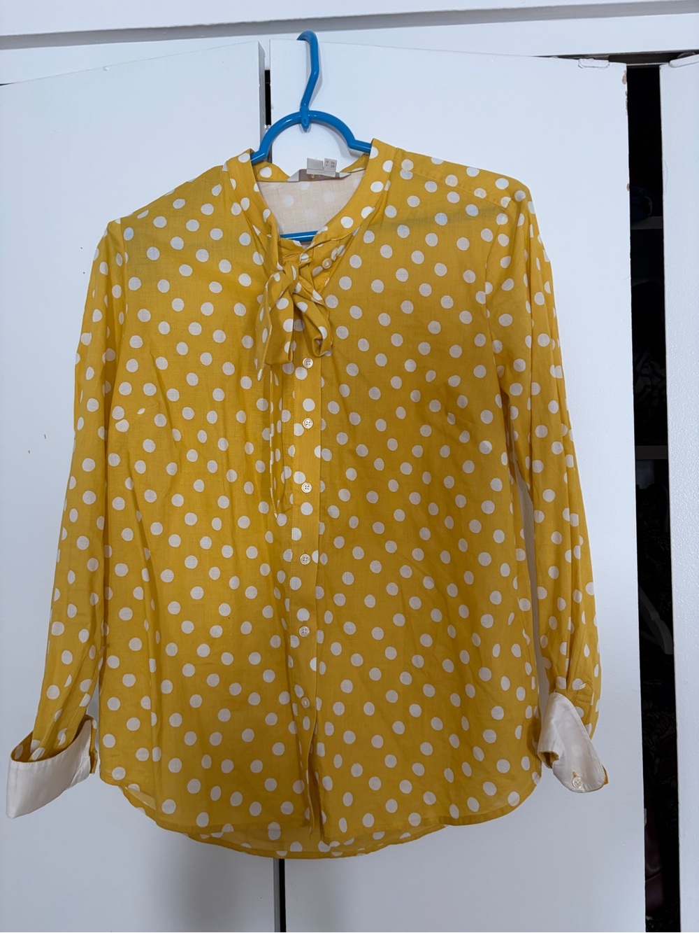 Boden Yellow Polka Dot Tie-Neck Bow Blouse